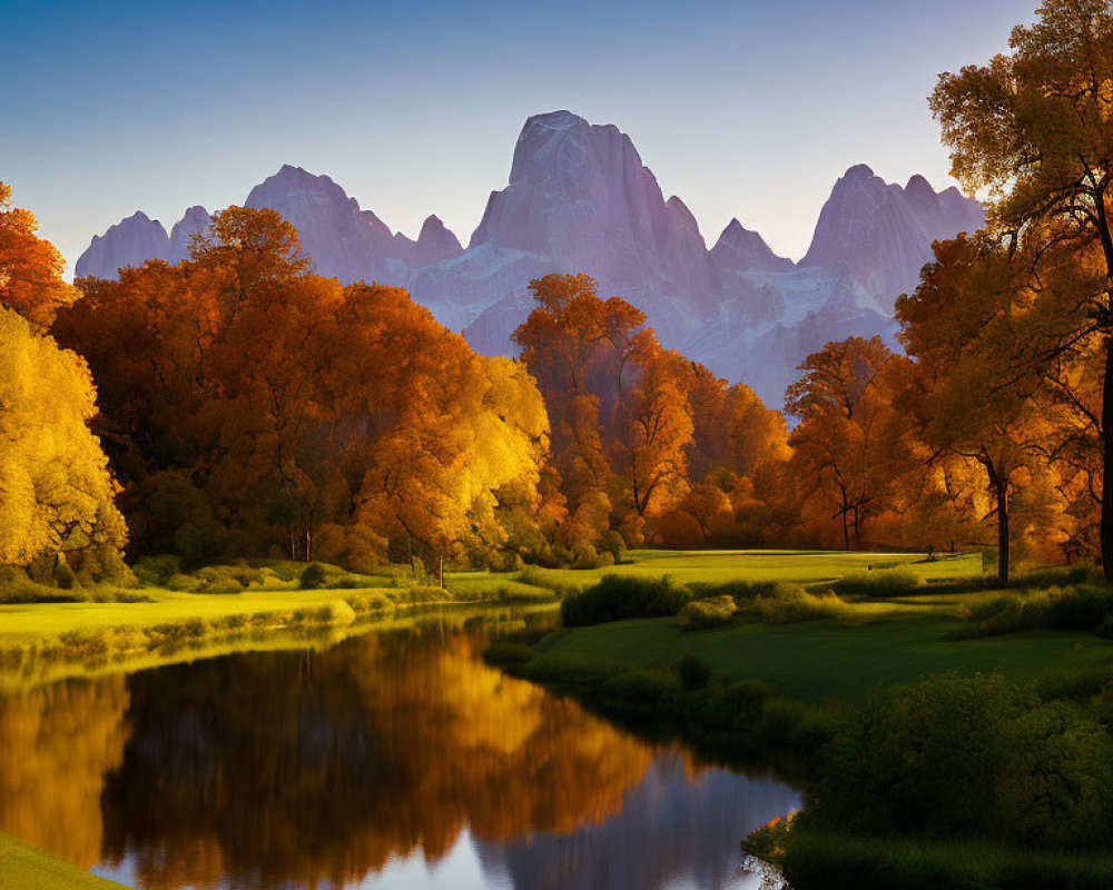 Vivid Autumn Landscape with Colorful Trees, River, and Mountains