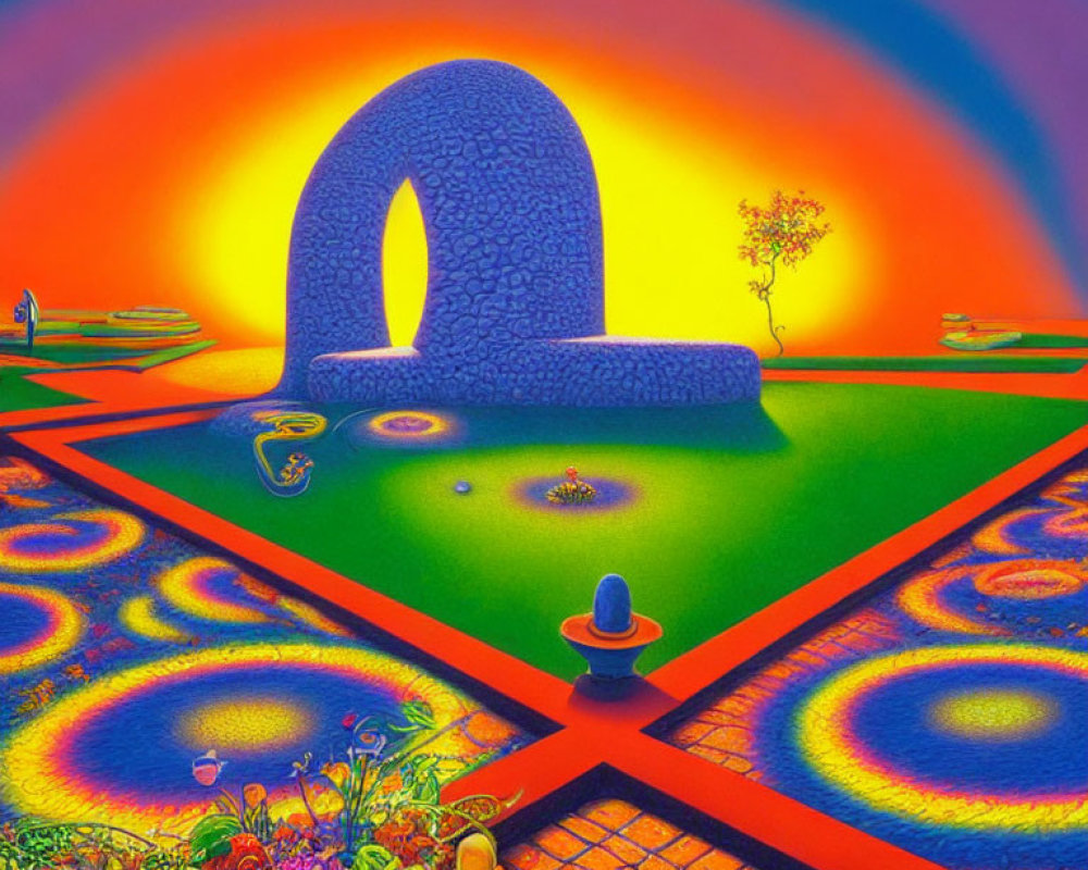 Colorful Surrealist Landscape with Stone Arch, Geometric Patterns, Tree, and Figure