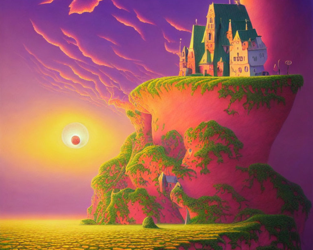 Illustration of castle on tree-covered rock under purple sky