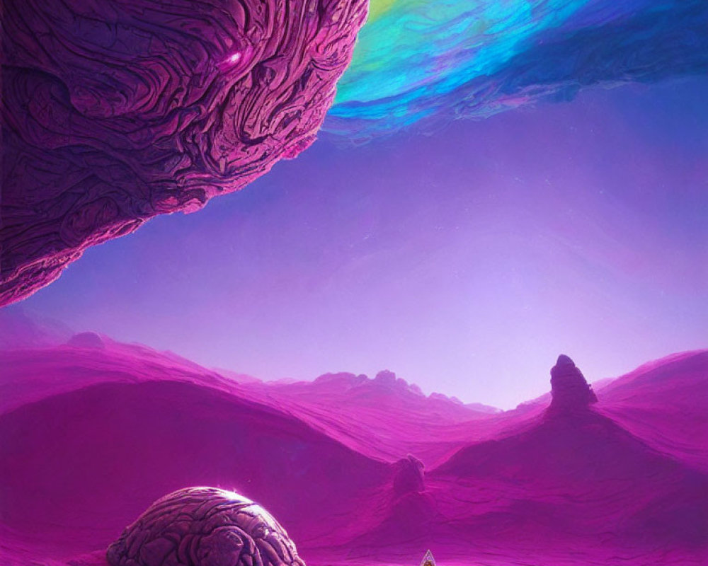 Vibrant surreal landscape with purple terrain and brain-shaped rocks