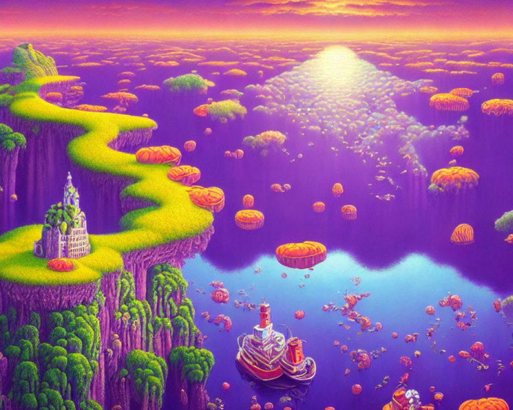 Fantasy sunset landscape with floating islands, castle, lush trees, and boats on purple sea