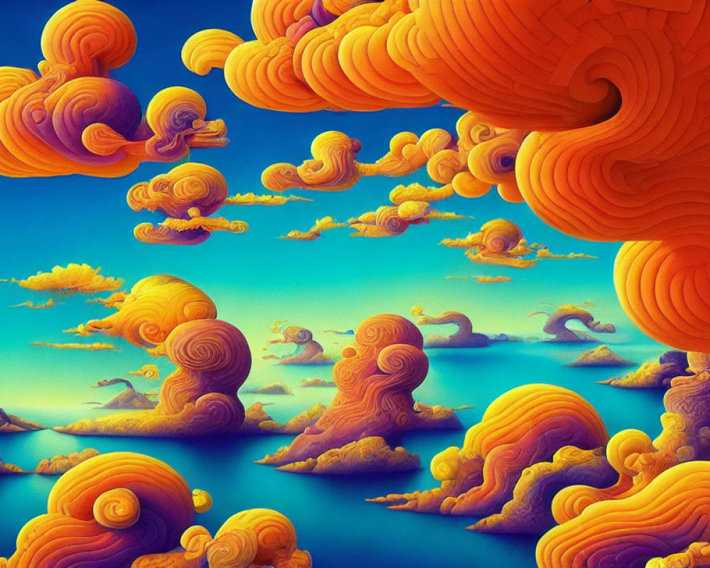 Colorful digital artwork: swirling orange-yellow clouds on blue sky