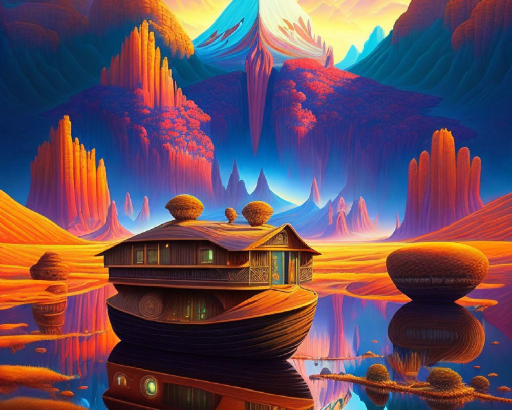 Fantastical landscape with floating house on mirror-like lake