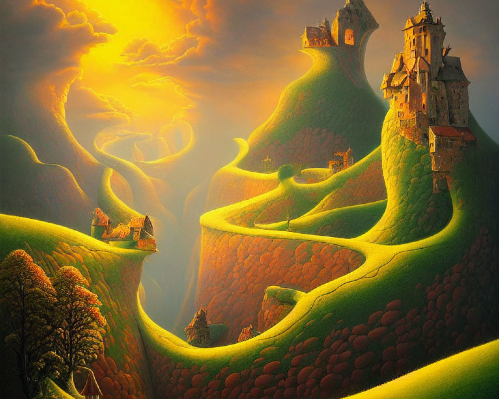 Whimsical fantasy landscape with green hills, winding paths, and fairytale castles