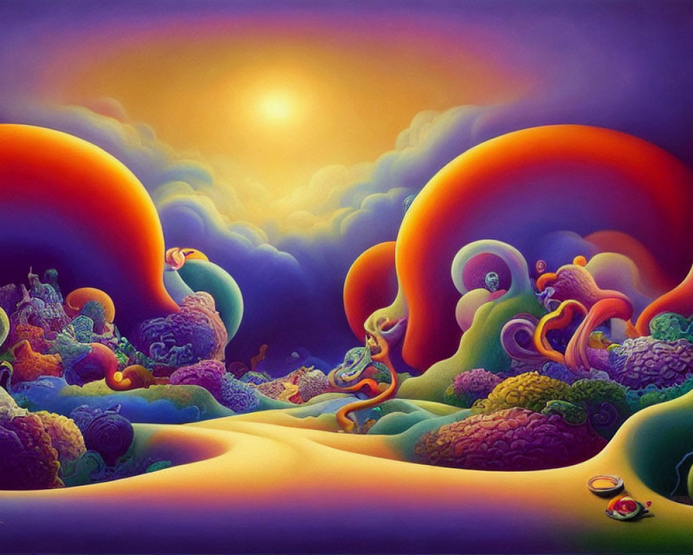 Colorful surreal landscape painting with rolling hills and whimsical shapes