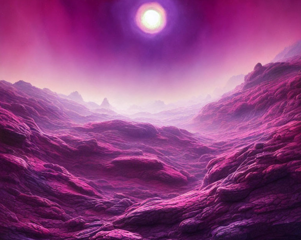 Vibrant purple terrain under a bright moon in a hazy pink sky