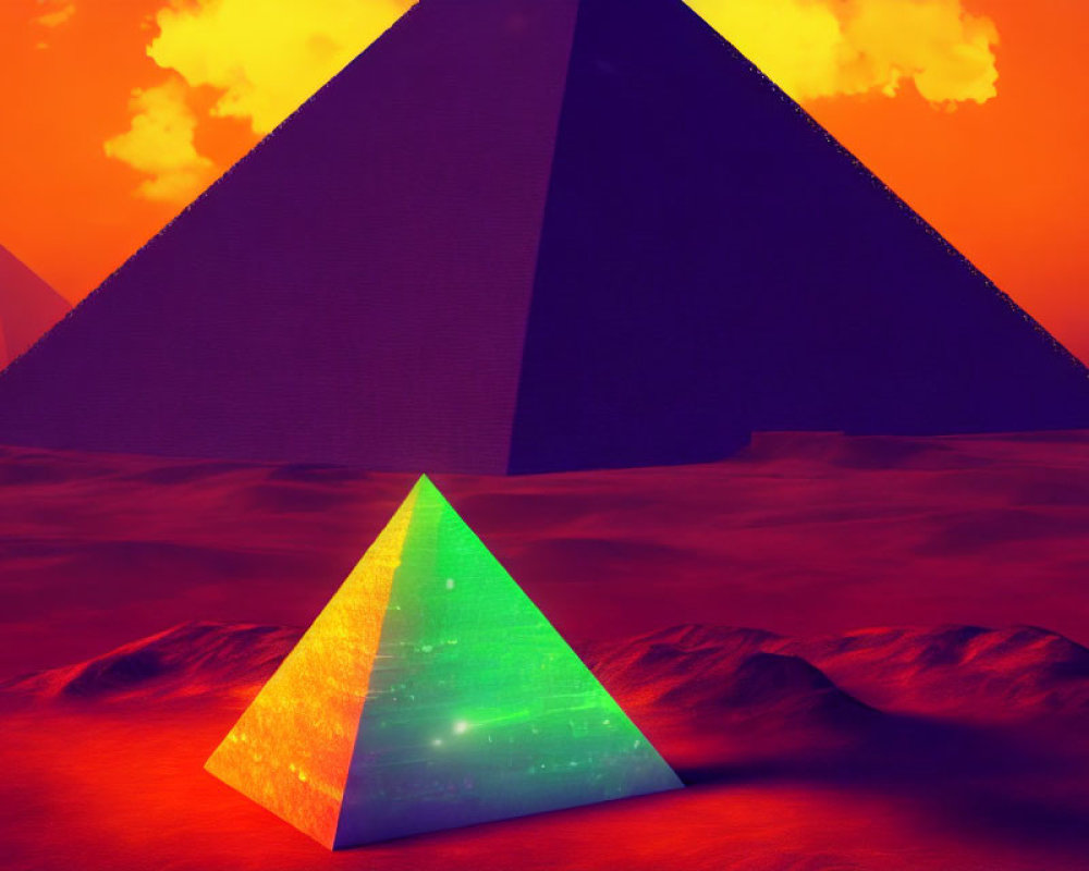 Digital art landscape with large pyramids under fiery sky