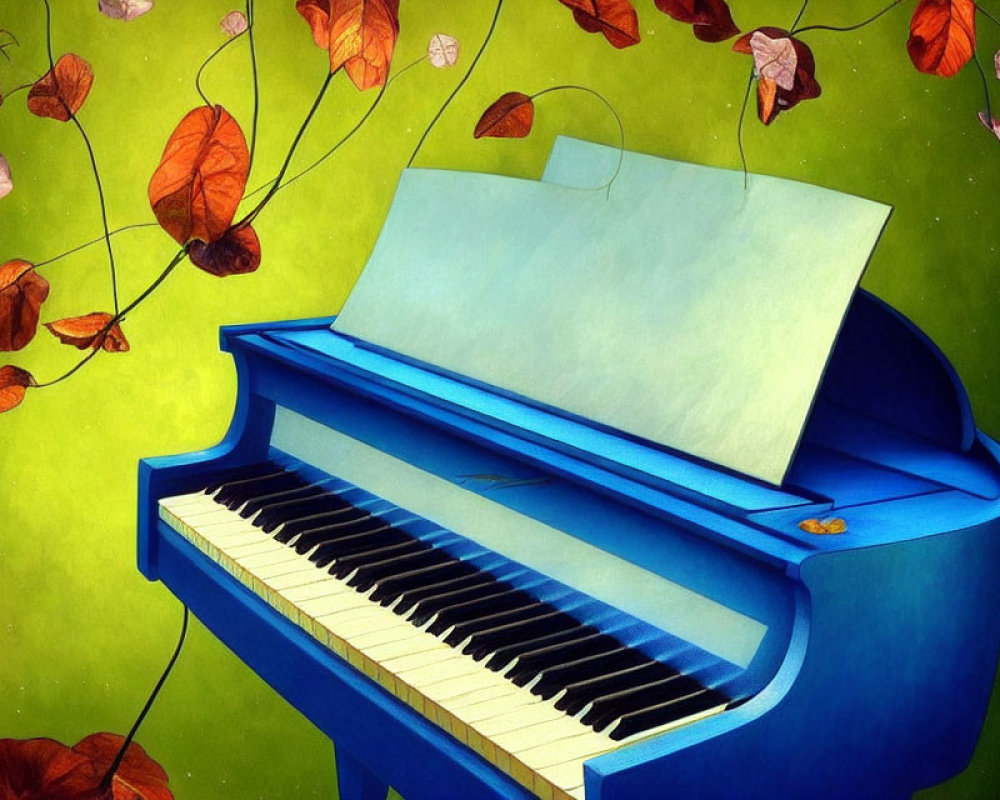 Colorful Illustration of Blue Grand Piano on Green Background with Floating Autumn Leaves