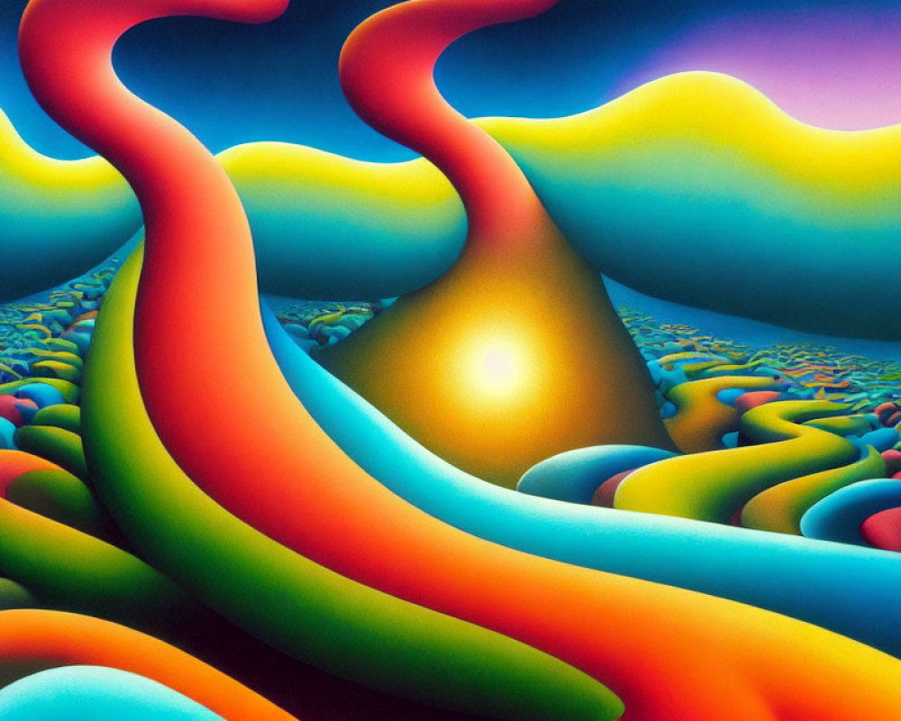 Surreal landscape with multicolored shapes and glowing orb