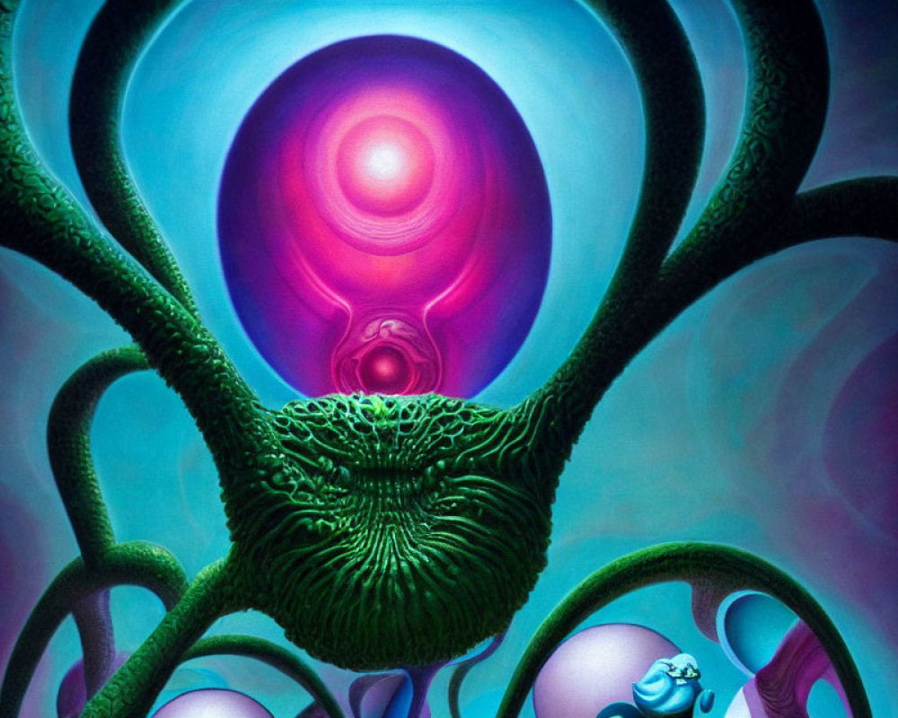 Surreal artwork: Glowing pink orb, green tendrils, blue backdrop