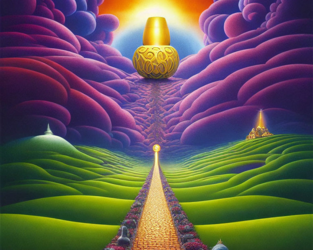 Surreal landscape with cobblestone path, golden vase, purple clouds, radiant sun