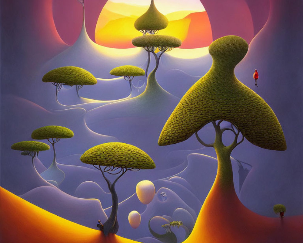 Surreal sunset landscape with green mushroom trees and solitary figure