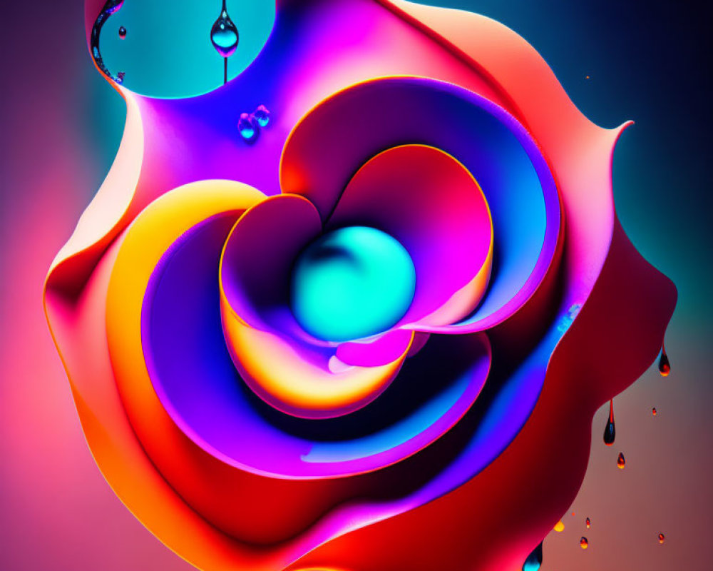 Vibrant 3D liquid spiral art with droplets on gradient backdrop