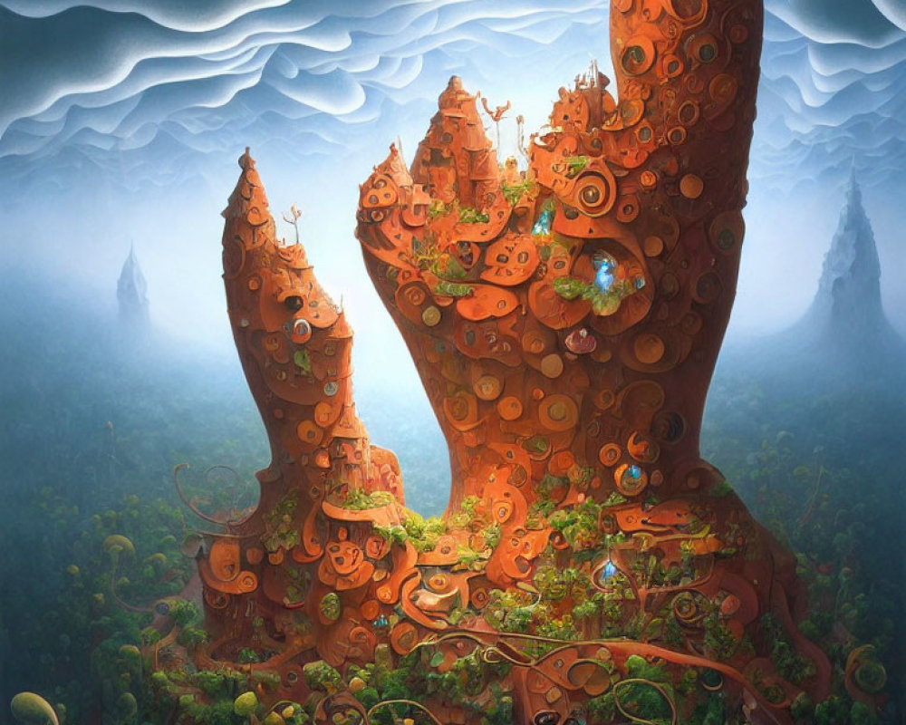 Fantastical landscape with towering orange spiral formations and floating islands