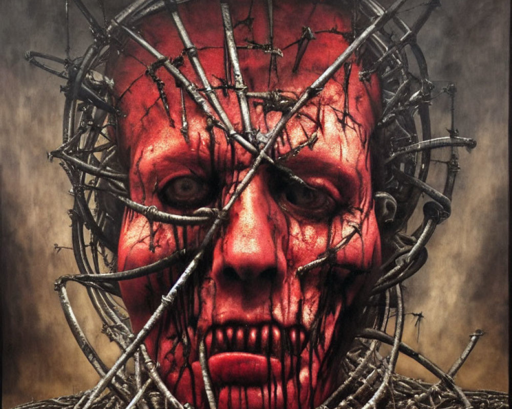 Intense red face with barbed wire piercing skin