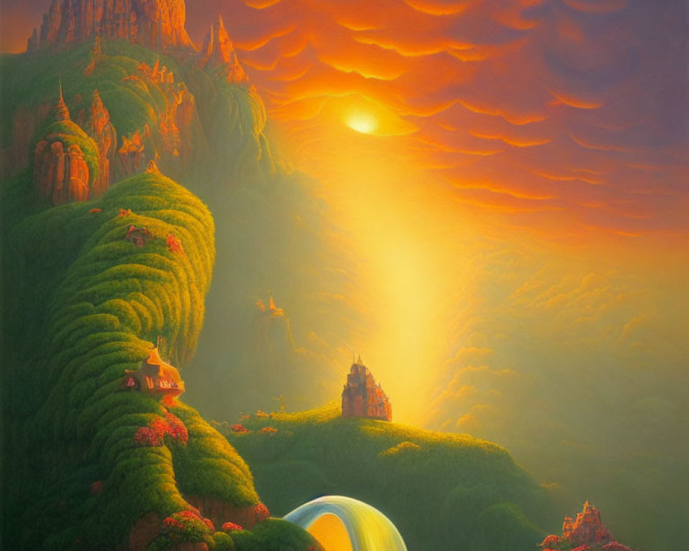 Majestic sunset fantasy landscape with green hills, castles, and figure under arch