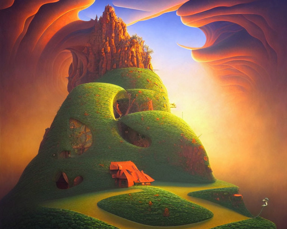 Whimsical landscape with green hill, red-roofed cottage, and swirling sky