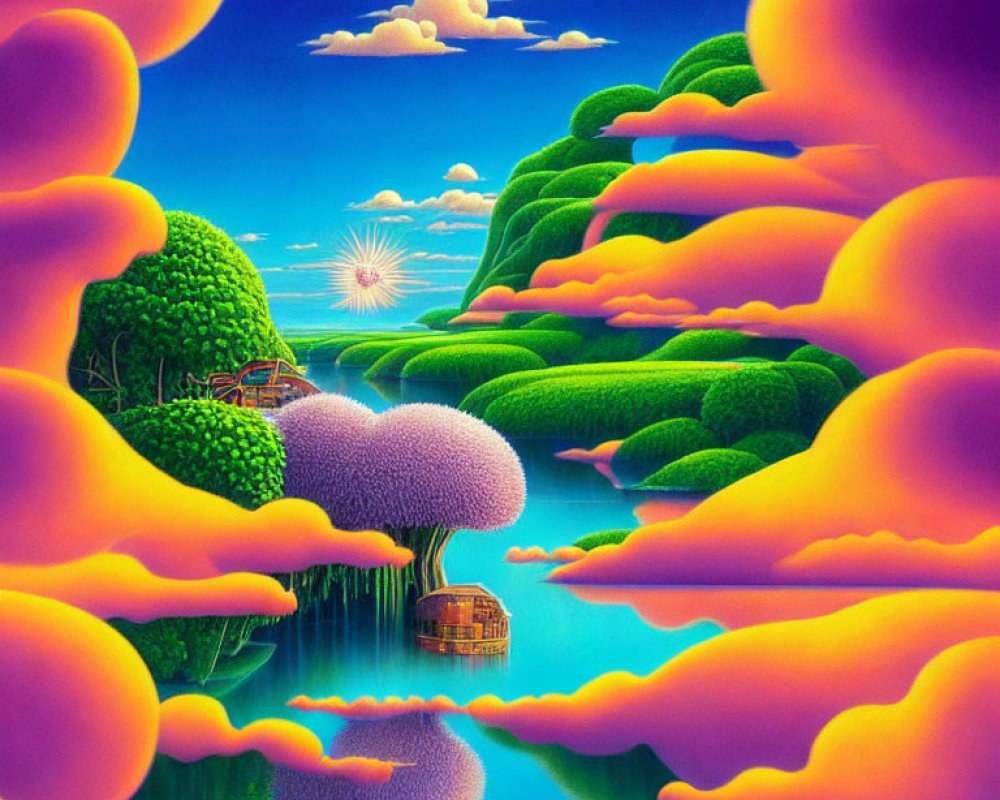 Colorful surreal landscape with purple trees, blue-green hills, reflective water, and orange clouds.