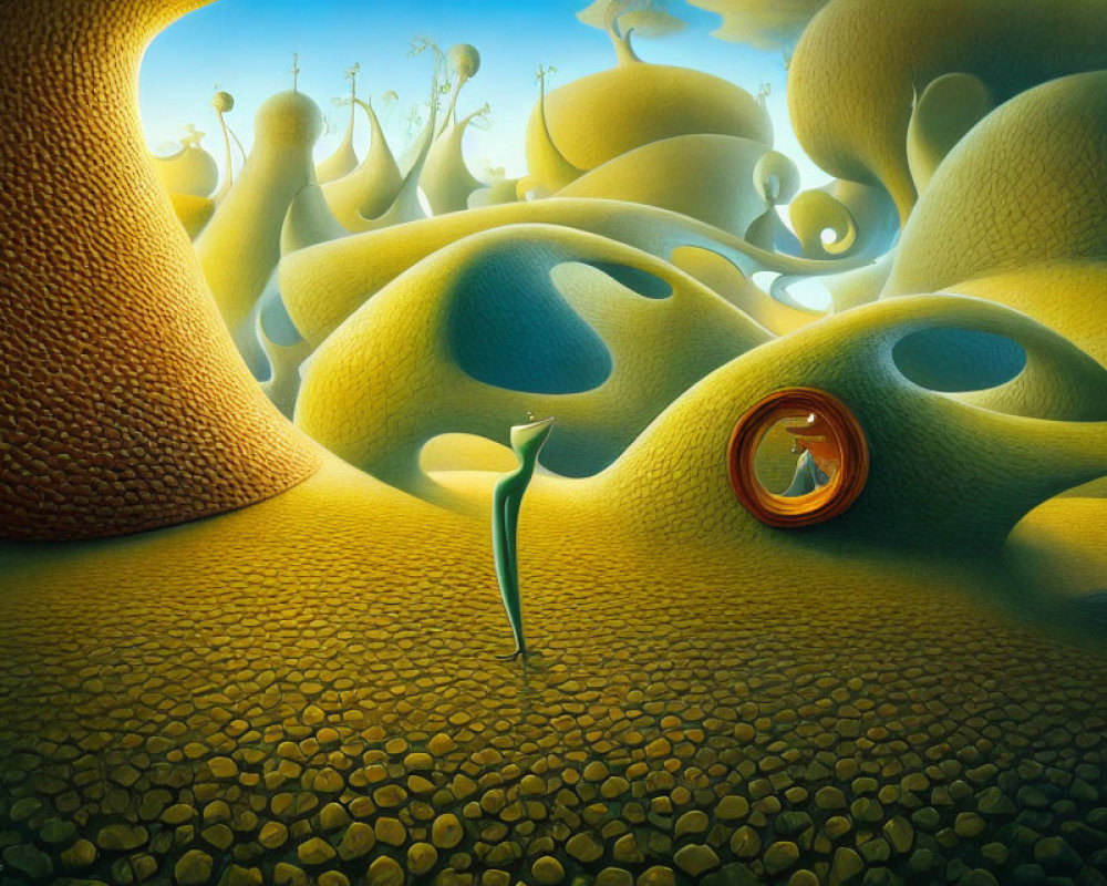 Surreal landscape with wavy terrain, tree, figures, pebbles, and blue sky