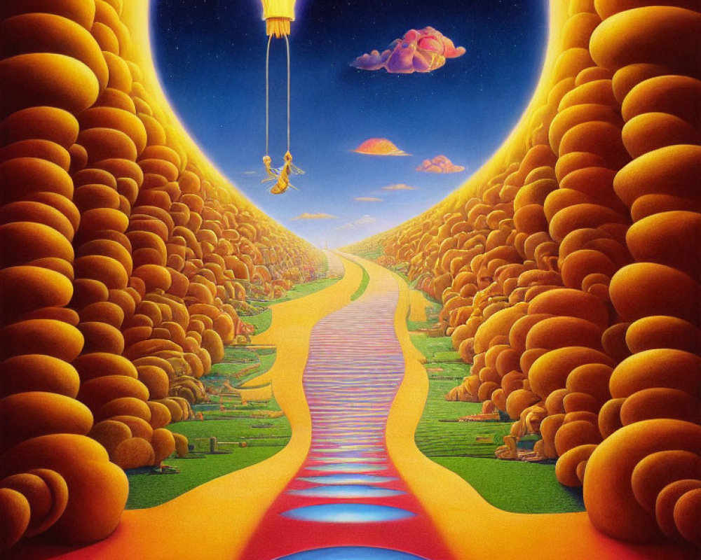 Colorful surreal landscape with golden path, swinging figure, and whimsical clouds