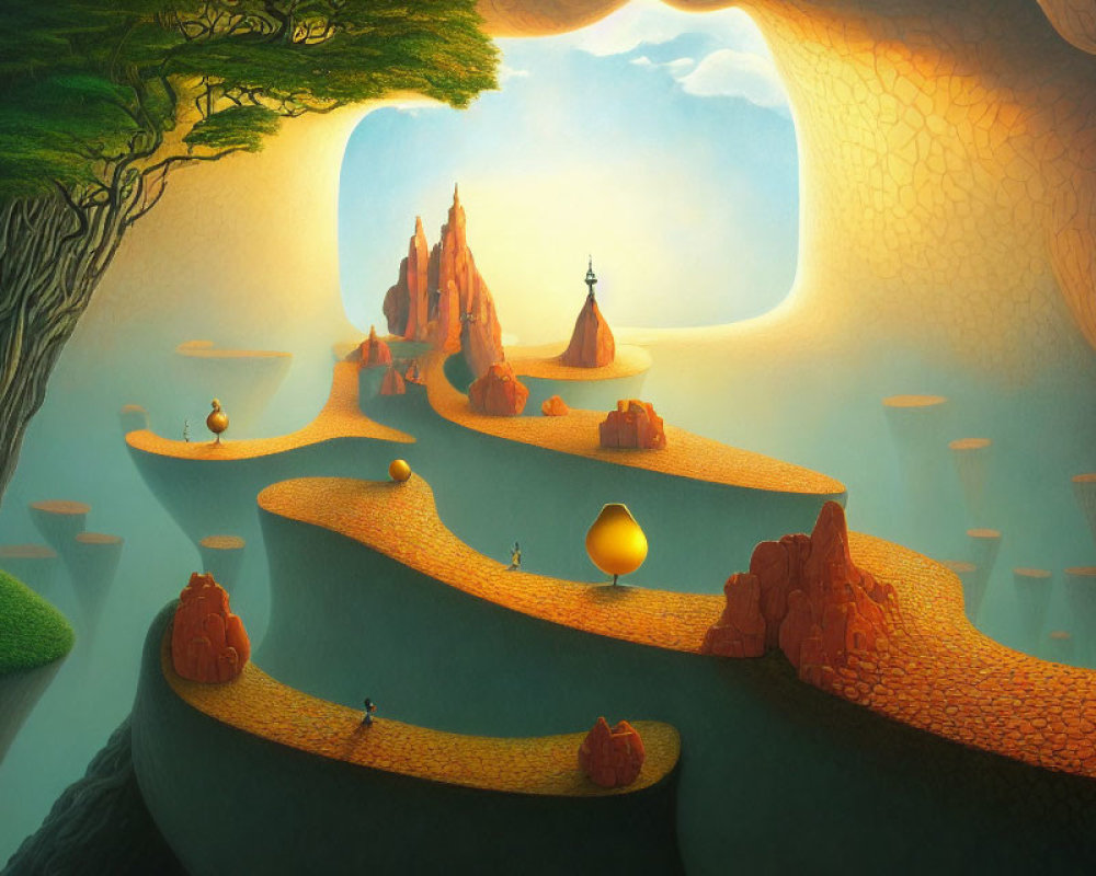 Surreal landscape with golden orbs, mushroom structures, and castle under tree canopy