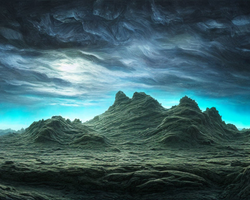 Desolate landscape with rugged rocky formations under a turquoise sky