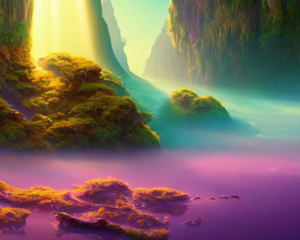 Fantasy Landscape with Sunlight, Green Cliffs, and Purple Misty Water