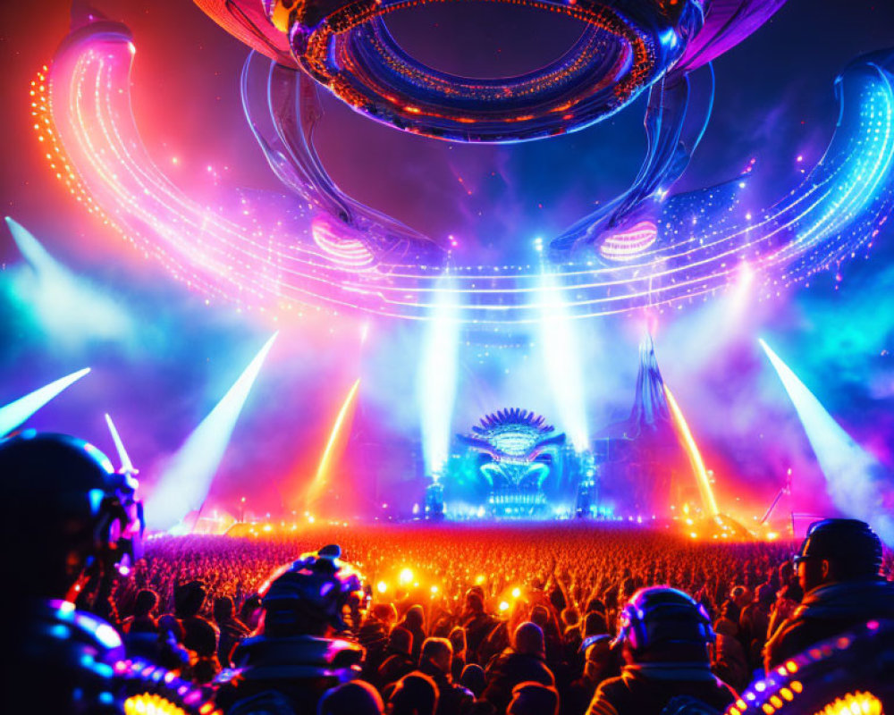 Dynamic concert scene with massive crowd and futuristic lighting.