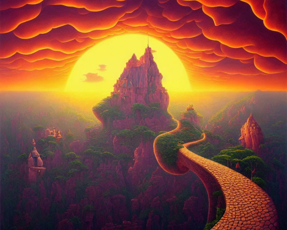 Fantastical landscape with winding path to castle under vibrant sunset