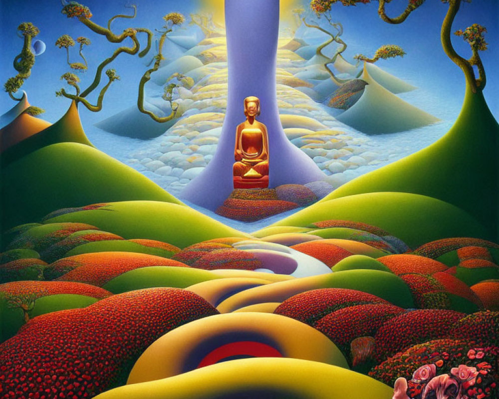 Surreal landscape with meditating figure among candle-shaped hills