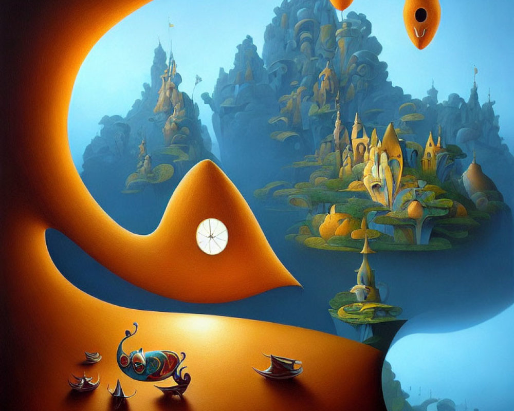 Surreal landscape featuring whimsical architecture, floating islands, boats, orange sea, and swir