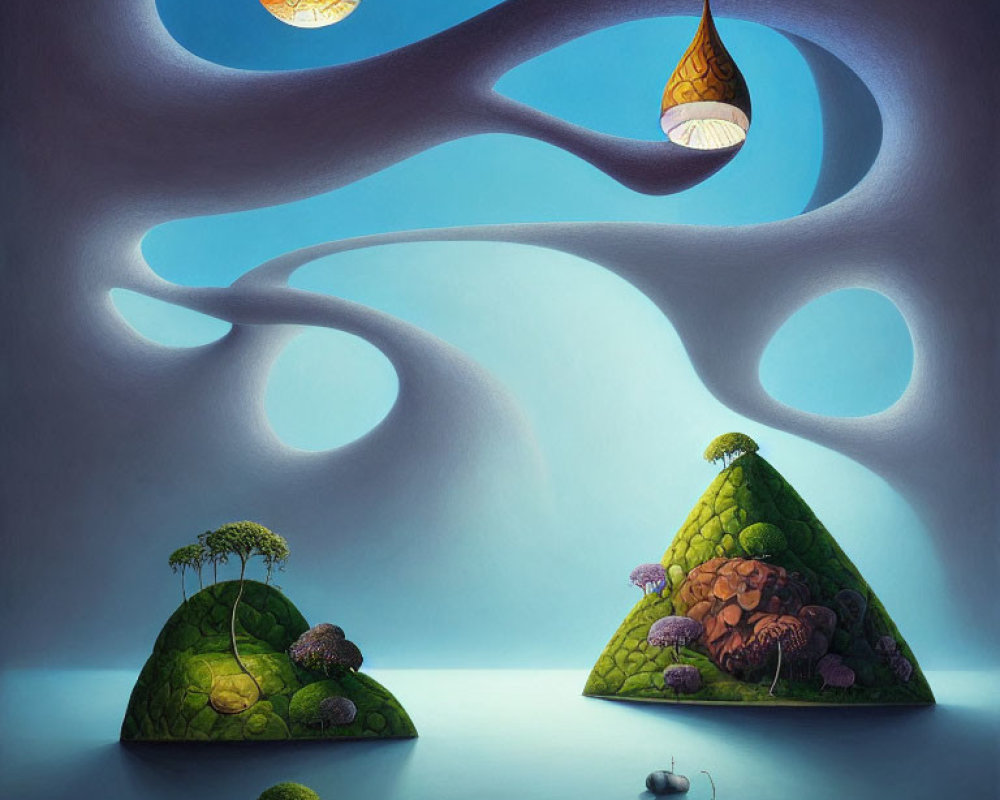 Surreal landscape featuring pyramid-shaped islands, whimsical trees, winding pathway, lanterns, boats