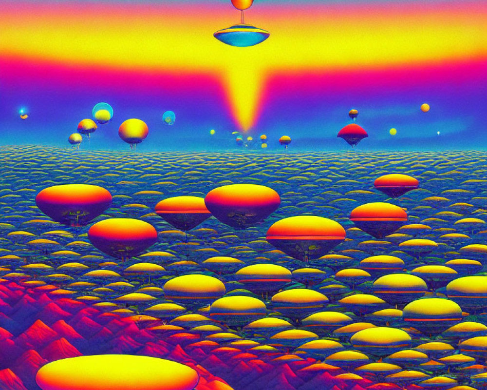 Surreal landscape with floating orbs, disc-shaped objects, and UFO emitting beam