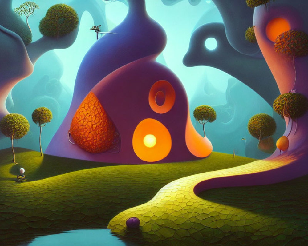 Colorful Landscape with Curvy Trees, Glowing Orbs, and Lush Path