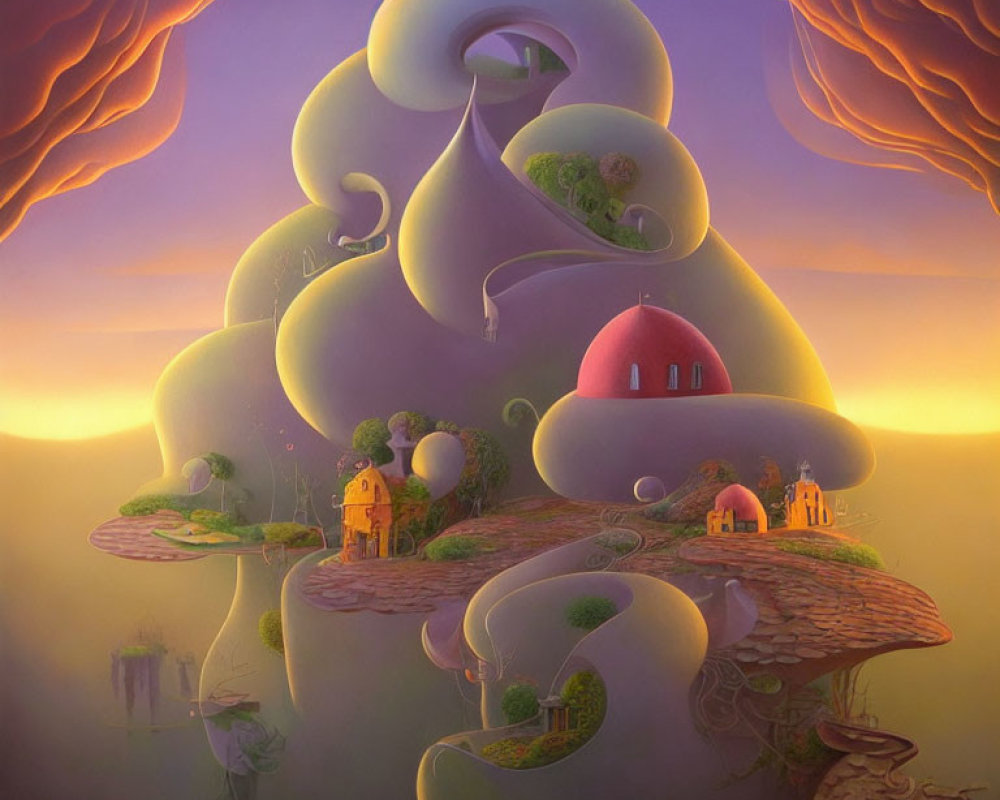 Spiraling hills, houses, trees, and floating islands in dreamy purple sky