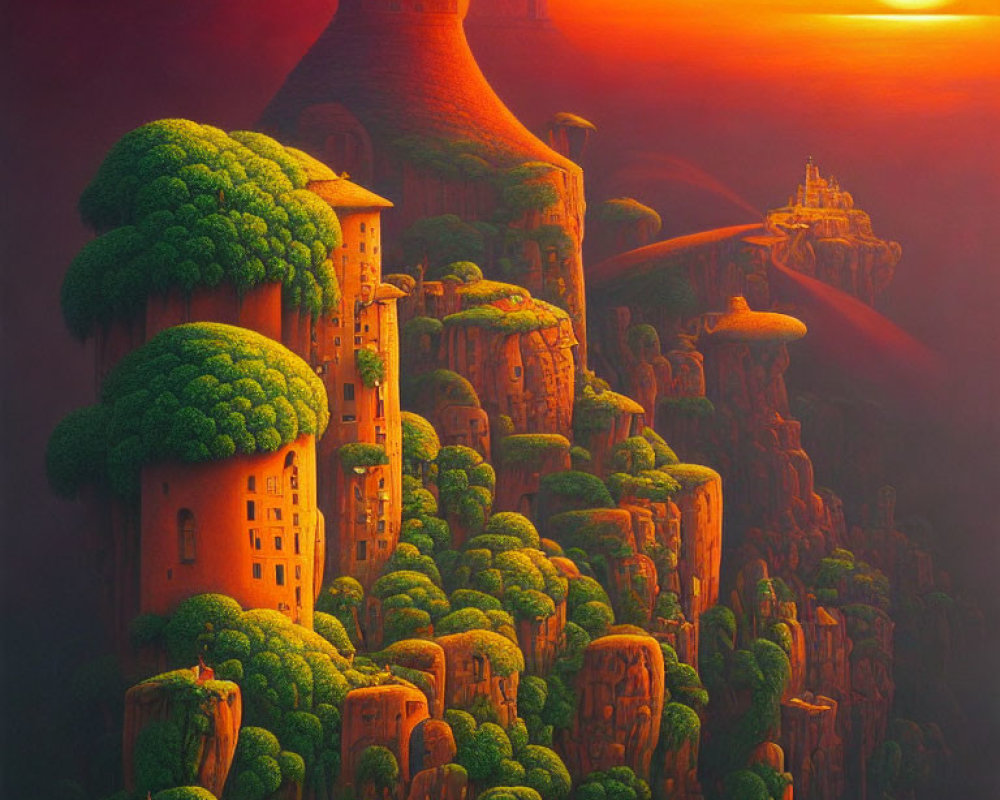 Majestic fantasy landscape with towering rock formations and ancient buildings at sunset