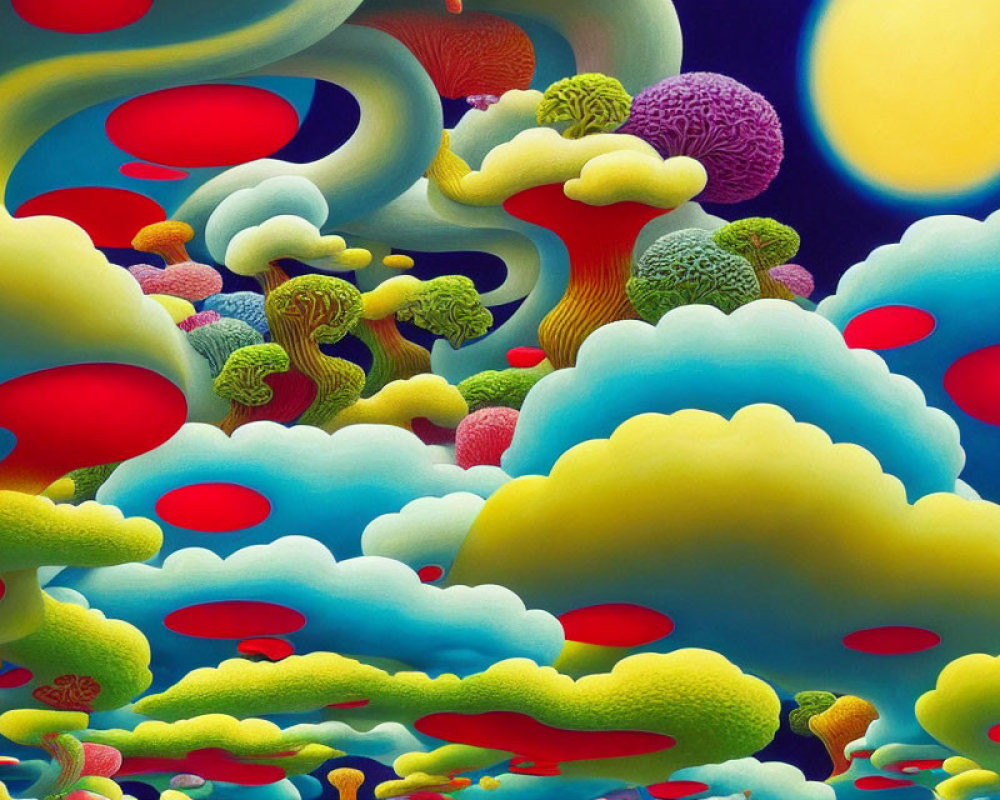 Surrealist landscape with sinuous shapes and fluffy clouds