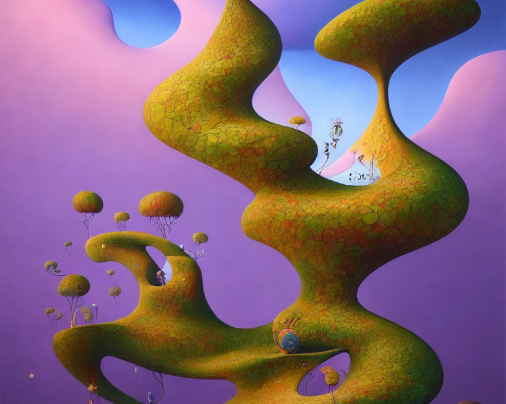 Colorful Landscape with Whimsical Tree-like Structures and Tiny Figures