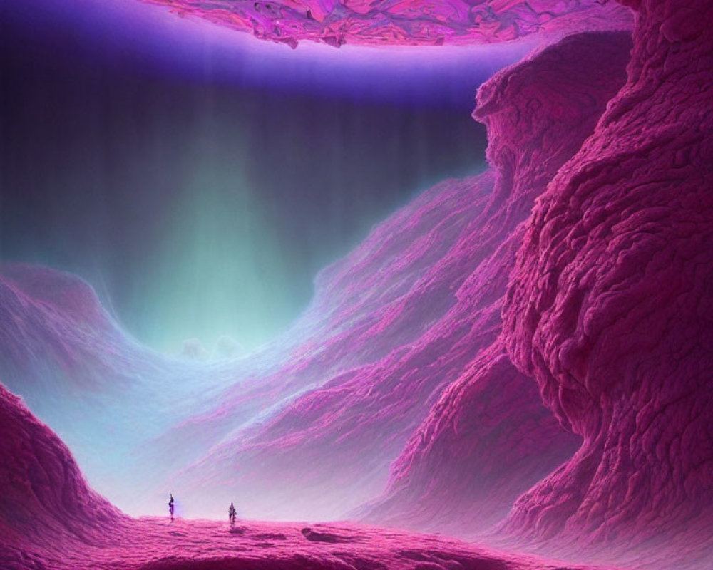 Surreal purple alien landscape with two figures