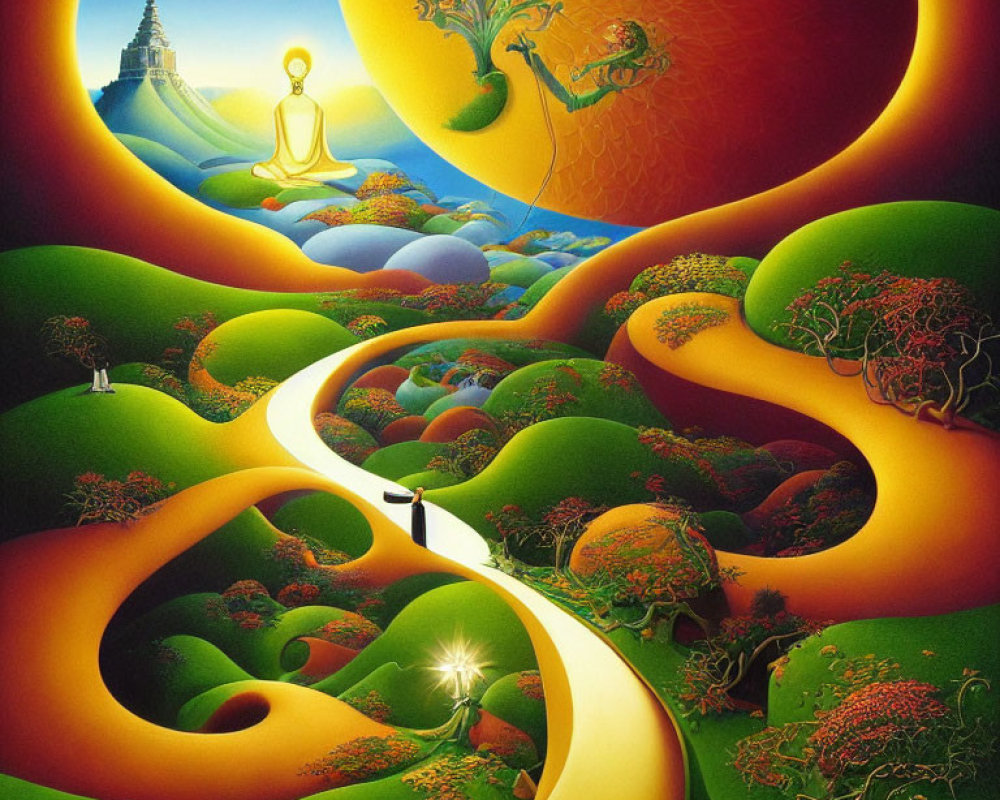 Colorful surreal landscape with meditating figure and radiant sun