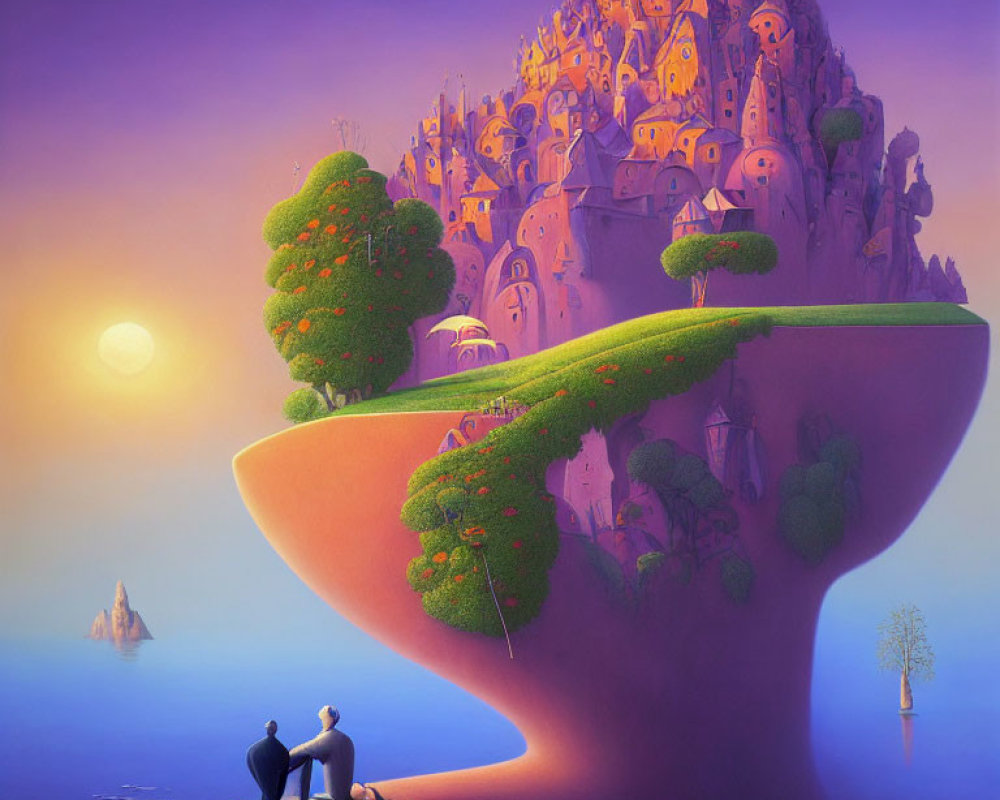 Floating Island Painting with Vibrant Purple Sky and Fairytale City