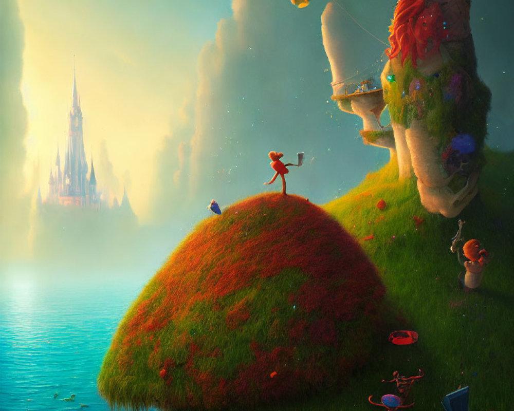 Whimsical artwork featuring giant tree, floating islands, castle, characters, and oversized objects