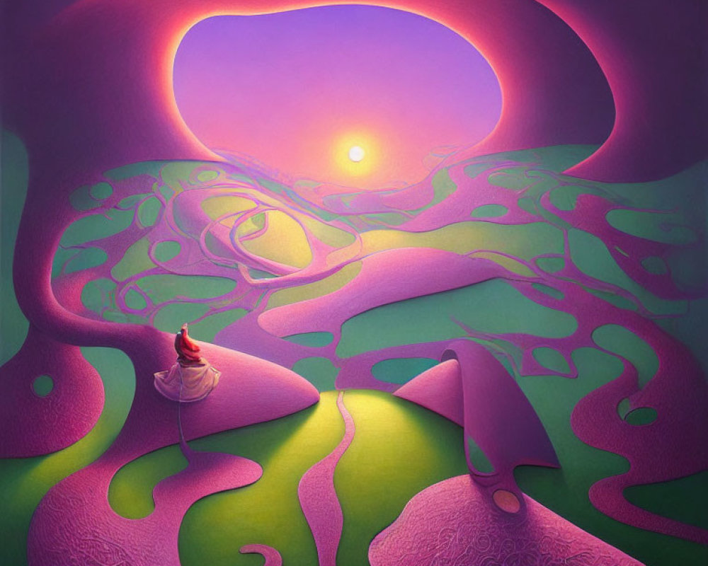 Surreal landscape with green and purple hues, flowing shapes, person in boat, large sun