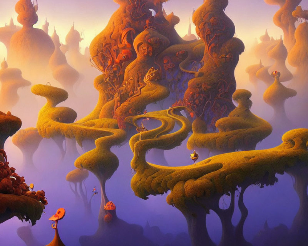 Fantastical landscape with whimsical trees and creatures in warm purple glow