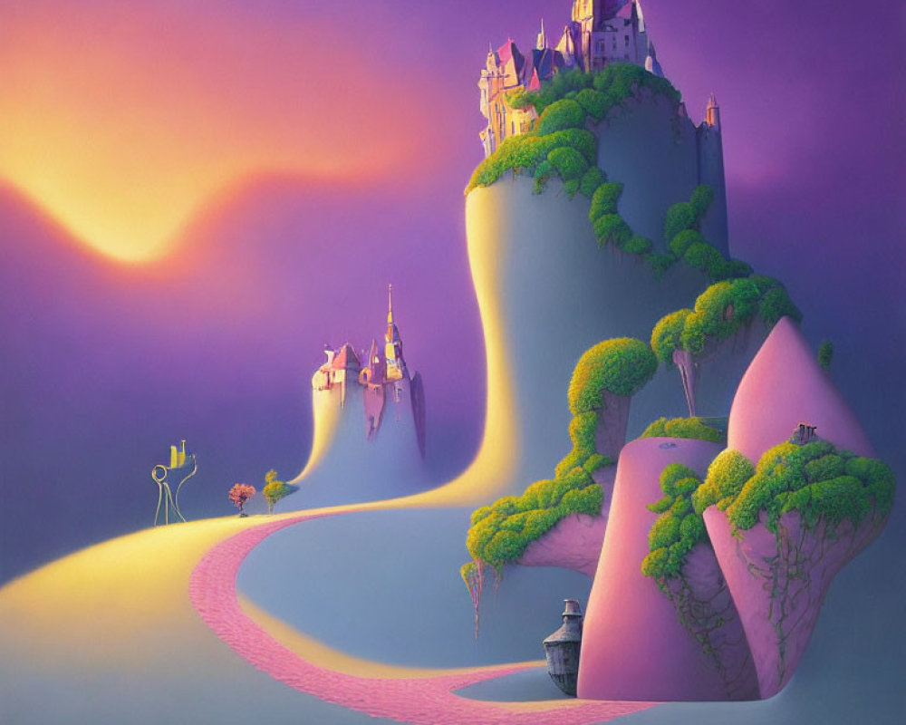 Purple landscape painting with path to fantastical castle on cliff