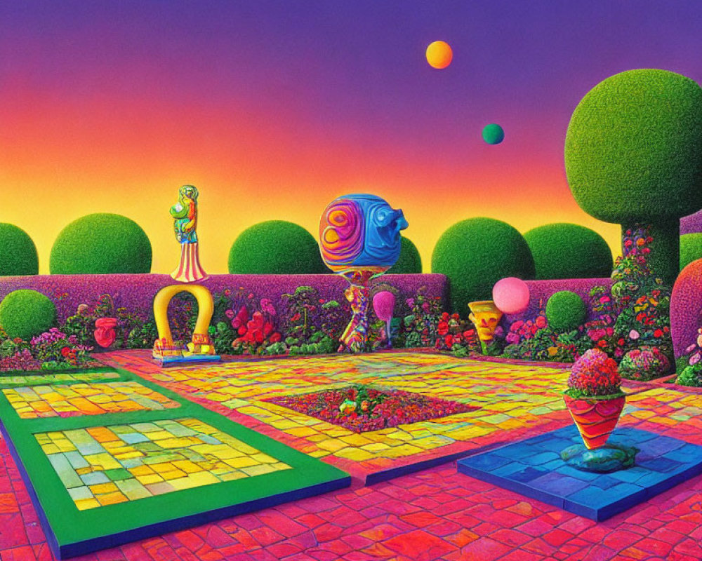 Colorful surreal garden with hedges, tiled path, sculptures, and orange sky