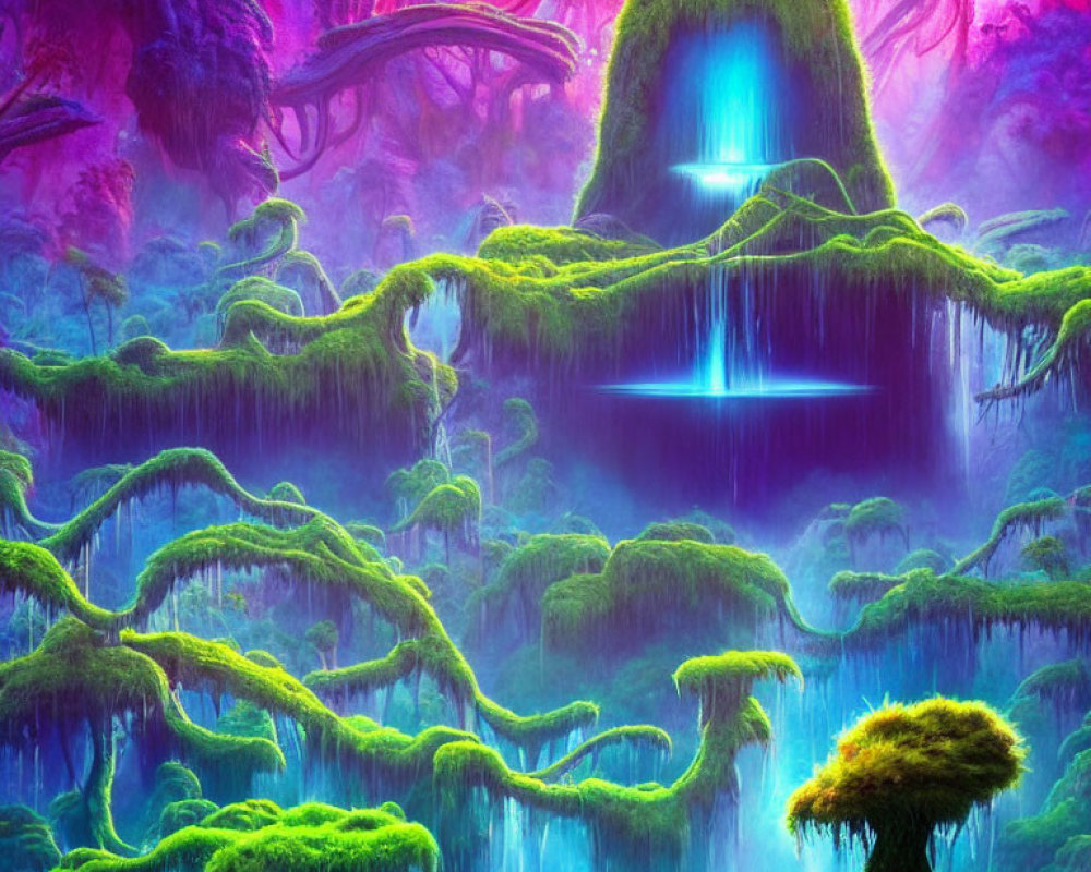 Luminous waterfalls and neon flora in mystical fantasy landscape