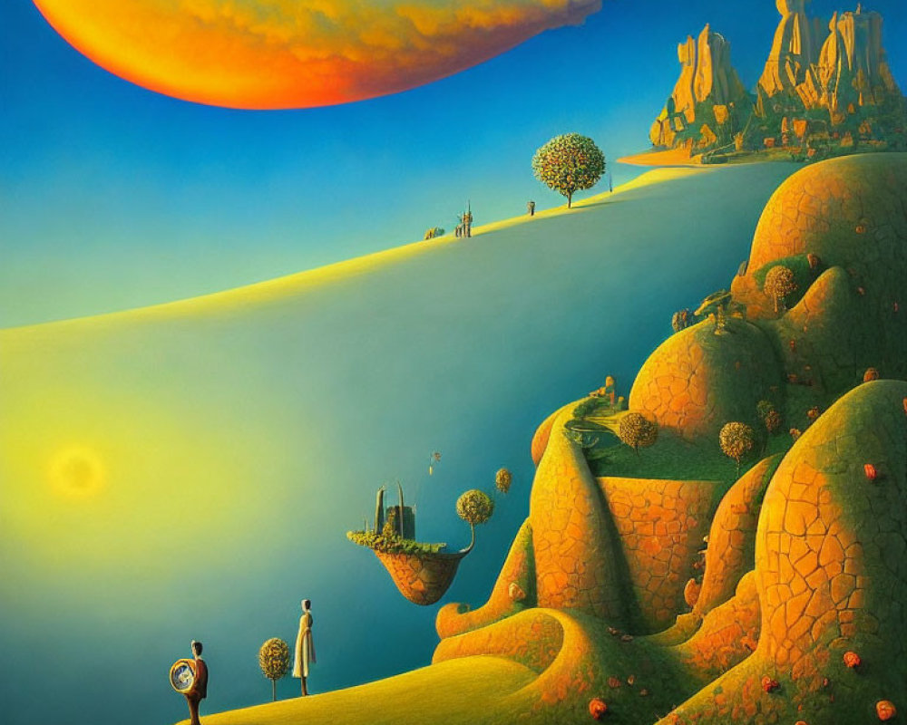 Vibrant surreal landscape with figures, orange sun, and fantastical elements