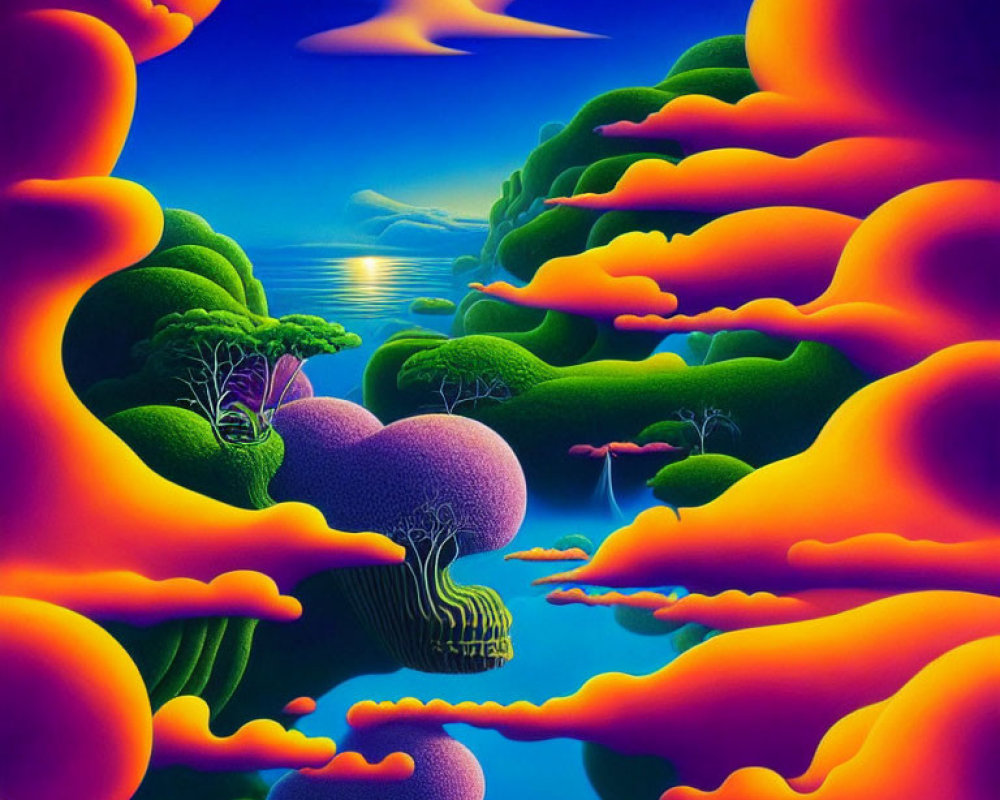 Surreal neon landscape with undulating shapes and stylized trees