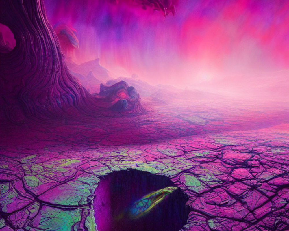 Surreal landscape with vibrant pink and purple sky, ethereal tree, cracked ground, and mysterious